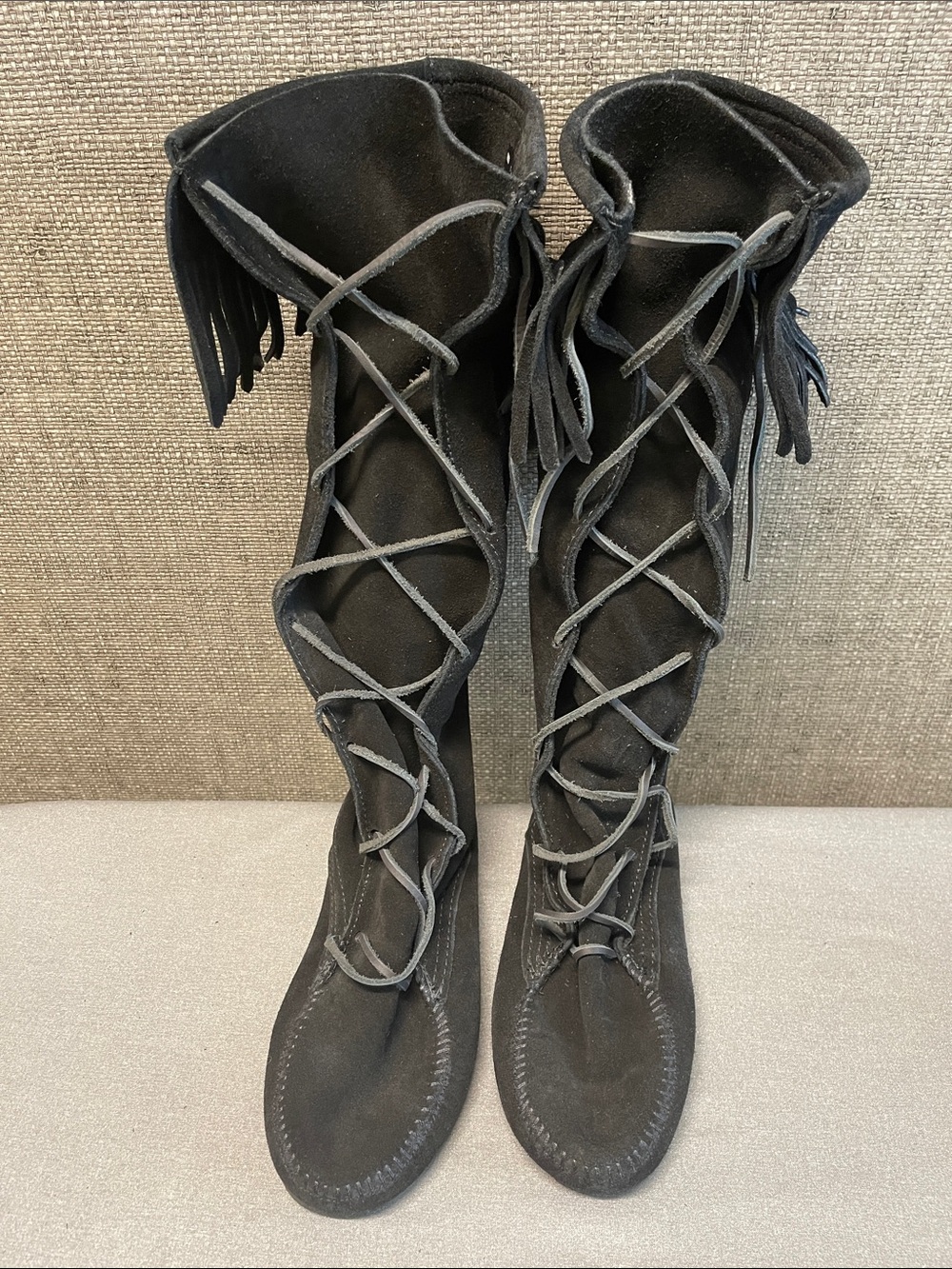 Minnetonka Black Lace-Up Booties